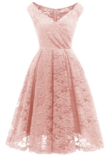 Vestido de fiesta vintage con hombros descubiertos y encaje rosa elegante de verano