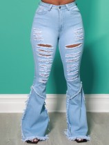 Frühlingsmode Lt-Blue High Waist Zerrissene Quasten Jeans