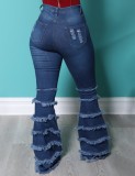 Spring Fashion Dk-Blue High Waist Ripped Layers Tassels Jeans