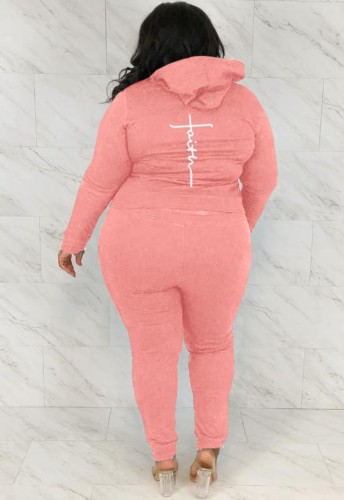 Winter Plus Size Casual Pink Backside Letter Print Hoodies And Pant Wholesale Two Piece Sets