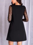 Mini vestido primavera sexy preto redondo com renda transparente, minivestido de manga comprida