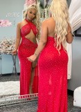 Summer Sexy Red Halter See Through Sequins Cut Out Slit Dress
