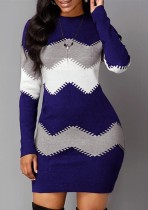 Winter Casual Blue Stripe Print Round Neck Long Sleeve Bodycon Dress