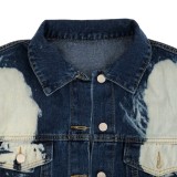 Winter Plus Size Fashion Print Blue Turn Down Collar Long Sleeve Jeans Jacket