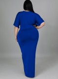 Spring Plus Size Blue V Neck Short Sleeve Slit Maxi Dress
