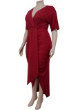 Spring Plus Size Red V Neck Short Sleeve Slit Maxi Dress