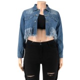 Winter Plus Size Fashion Blue Turn Down Collar Long Sleeve Ribbed Tassels Jeans Jacket