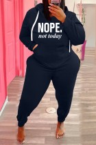 Winter Plus Size Casual Blue Letter Print Hoodies And Pant Wholesale Two Piece Sets