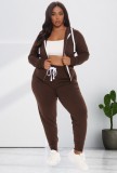 Winter Plus Size Brown Contrast White Zipper Long Sleeve Hoodies And Pant Tracksuit