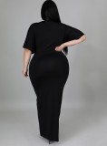 Spring Plus Size Black V Neck Short Sleeve Slit Maxi Dress