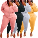 Winter Plus Size Casual Yellow Backside Letter Print Hoodies And Pant Wholesale Two Piece Sets