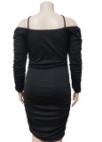 Spring Plus Size Sexy Black Halter Cut Out Long Sleeve Bodycon Dress