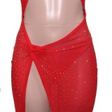 Summer Sexy Red Halter See Through Sequins Cut Out Slit Dress