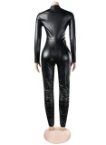Winter Black Leather Sexy Deep-V Stack Party Jumpsuit