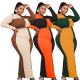 Spring Contrast Color Crop Top and Long Skirts Plus Size Two Piece Set