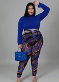 Spring Blue Sheer Crop Top and Print Pants Plus Size Two Piece Set