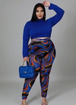 Bahar Mavi Transparan Crop Top ve Desenli Pantolon Büyük Beden İkili Takım