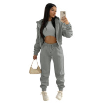 Winter Grey Thick Hooded Three Piece Pants Tracksuit