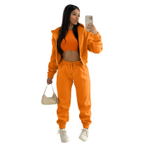 Winter Orange Thick Hooded Three Piece Pants Tracksuit