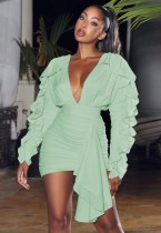 Spring Green Sexy Deep-V Long Sleeve Ruffles Ruched Mini Club Dress