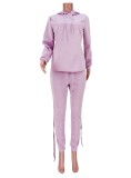 Spring Purple Lace-Up Hoody Two Piece Tracksuit