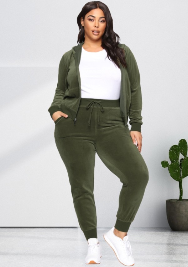 Winter Army Green Velvet Zipper Fly Hoody Two Piece Plus Size Tracksuit