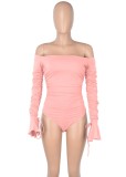 Spring Pink Off Shoulder Long Sleeve Ruched Bodysuit