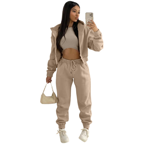 Winter Khaki Thick Hooded Three Piece Pants Tracksuit