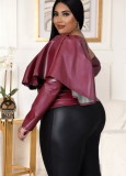 Winter Burgunry Leather Sexy Slash Shoulder Plus Size Party Tops