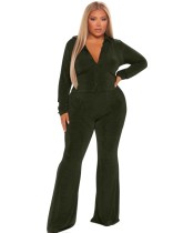 Spring Green Velvet Buttoned Top and Pants Plus Size Two Piece Set