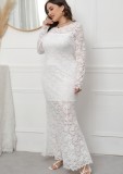 Spring White Lace Long Sleeves Plus Size Evening Dress
