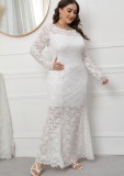 Spring White Lace Long Sleeves Plus Size Evening Dress