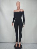Spring Black Off Shoulder Long Sleeve Sexy Tight Ribbed Jumpsuit