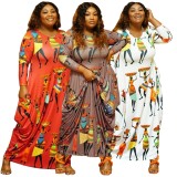 Spring Orange Print Africa Loose Cut Plus Size Long Dress