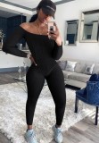 Spring Black Off Shoulder Long Sleeve Sexy Tight Ribbed Jumpsuit