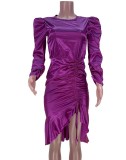 Spring Purple Irregular Ruffles Ruched Midi Party Dress