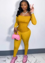 Spring Yellow Off Shoulder Long Sleeve Sexy Tight Ribbed Jumpsuit
