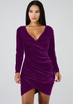 Winter Purple Velvet V-Neck Ruched Mini Club Dress