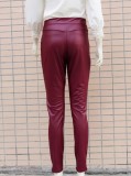 Winter Burgunry Leather Tight Fitting Trousers