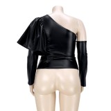 Winter Black Leather Sexy Slash Shoulder Plus Size Party Tops