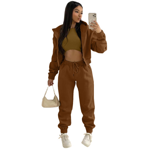 Winter Brown Thick Hooded Three Piece Pants Tracksuit