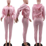 Winter Pink Thick Hooded Three Piece Pants Tracksuit