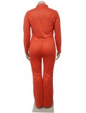 Spring Orange Velvet Buttoned Top and Pants Plus Size Two Piece Set