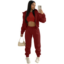 Winter Burgunry Thick Hooded Three Piece Pants Tracksuit