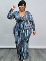 Spring Blue Print Long Sleeves Plunging Plus Size Long Dress