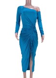 Spring Blue Slash Shoulder Ruched Midi Party Dress