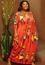 Spring Orange Print Africa Loose Cut Plus Size Long Dress