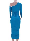 Spring Blue Slash Shoulder Ruched Midi Party Dress