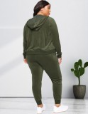 Winter Army Green Velvet Zipper Fly Hoody Two Piece Plus Size Tracksuit