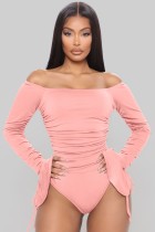 Spring Pink Off Shoulder Long Sleeve Ruched Bodysuit
